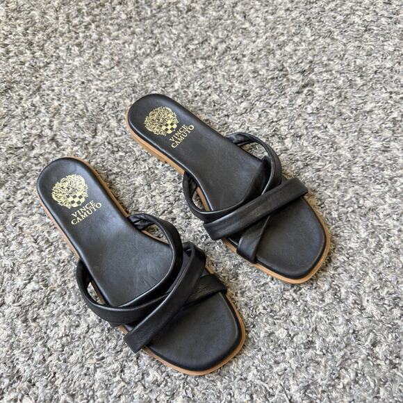 Vince Camuto Shoes - Vince Camuto Women’s Black Leather Olya Slide Sandals Size 11 Flats New